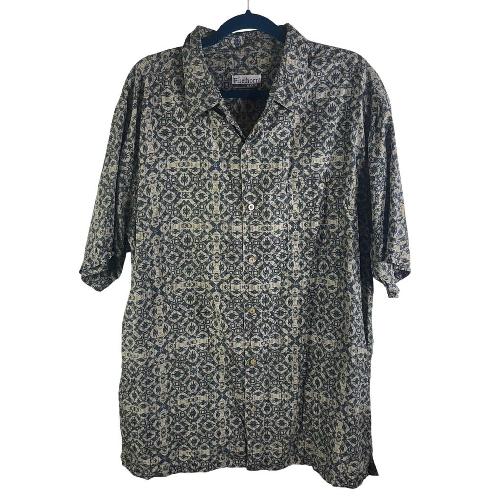 Firethorn 100% Silk Camp Shirt XL Blue Beige Hawaiian Aloha Button Front Mens